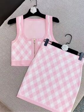 Pink Argyle Knit Tank and Skirt Set